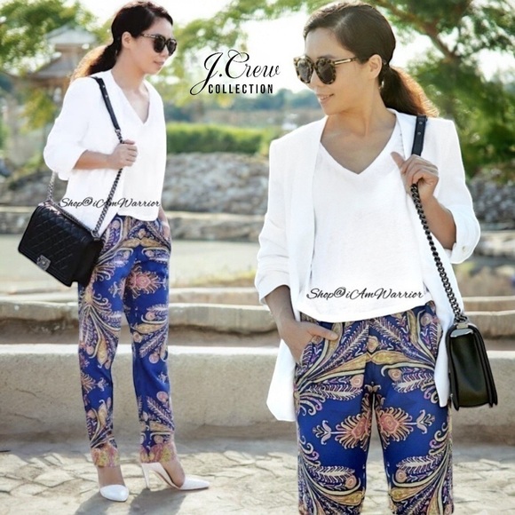 J.Crew Collection marine blue silk paisley/feather pull-on pants shop@iamwarrior - Picture 3 of 16